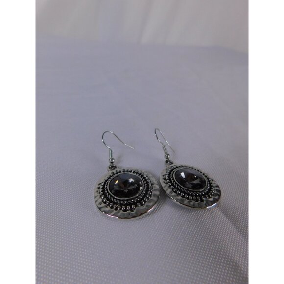 Boho Dangle Earrings Silver Tone Faceted Black Stone Statement Beaded Pierced Wo - Picture 4 of 7